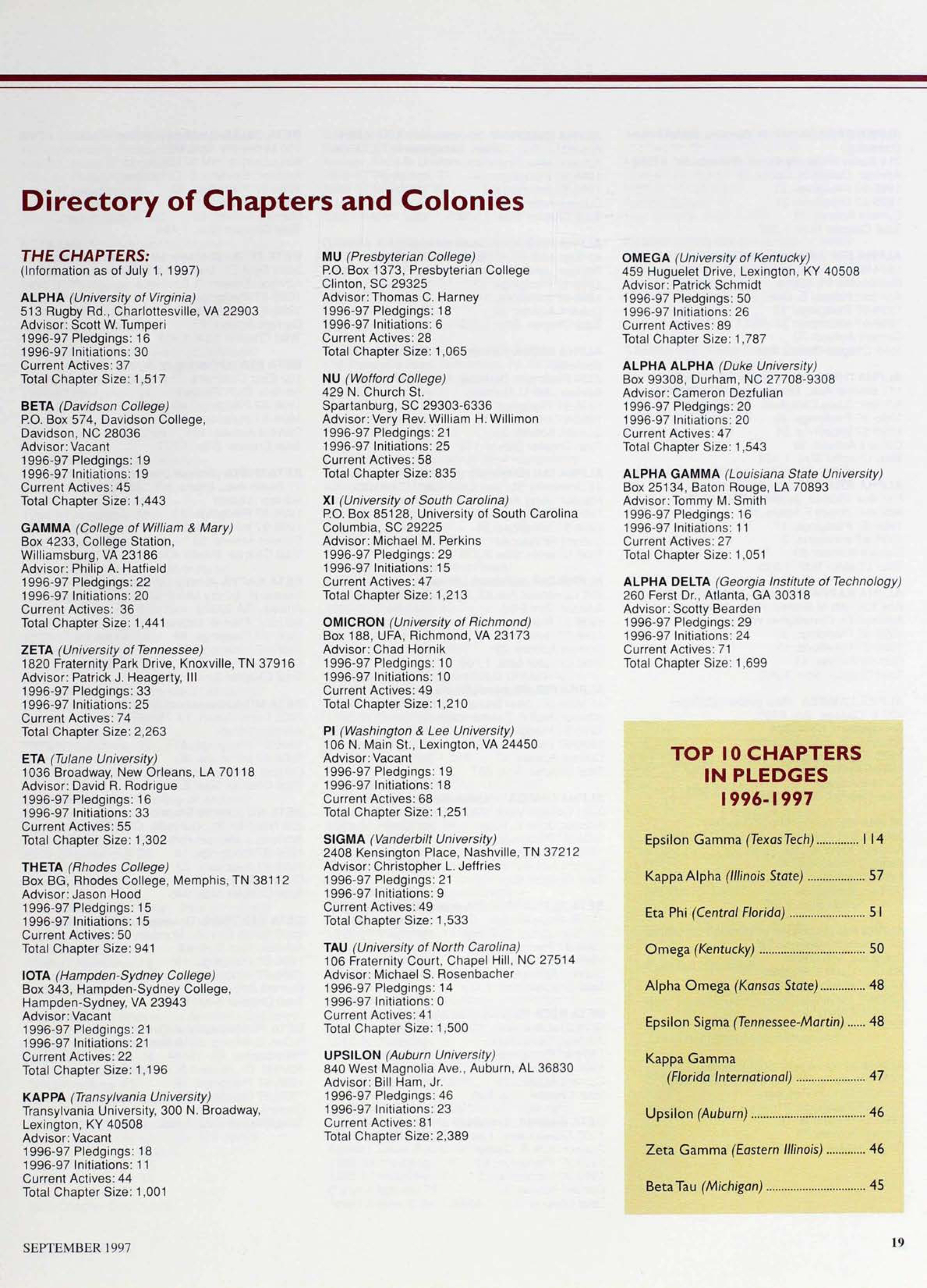 Directory of Chapters and Colonies, September 1997